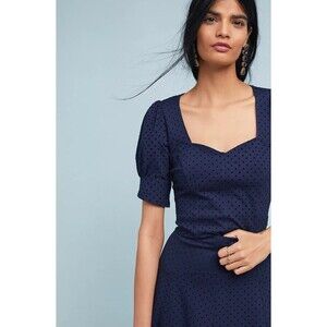 Anthropologie Maeve Sevigny Eyelet Polka Dot Top in Navy Sweetheart Preppy SZ XS